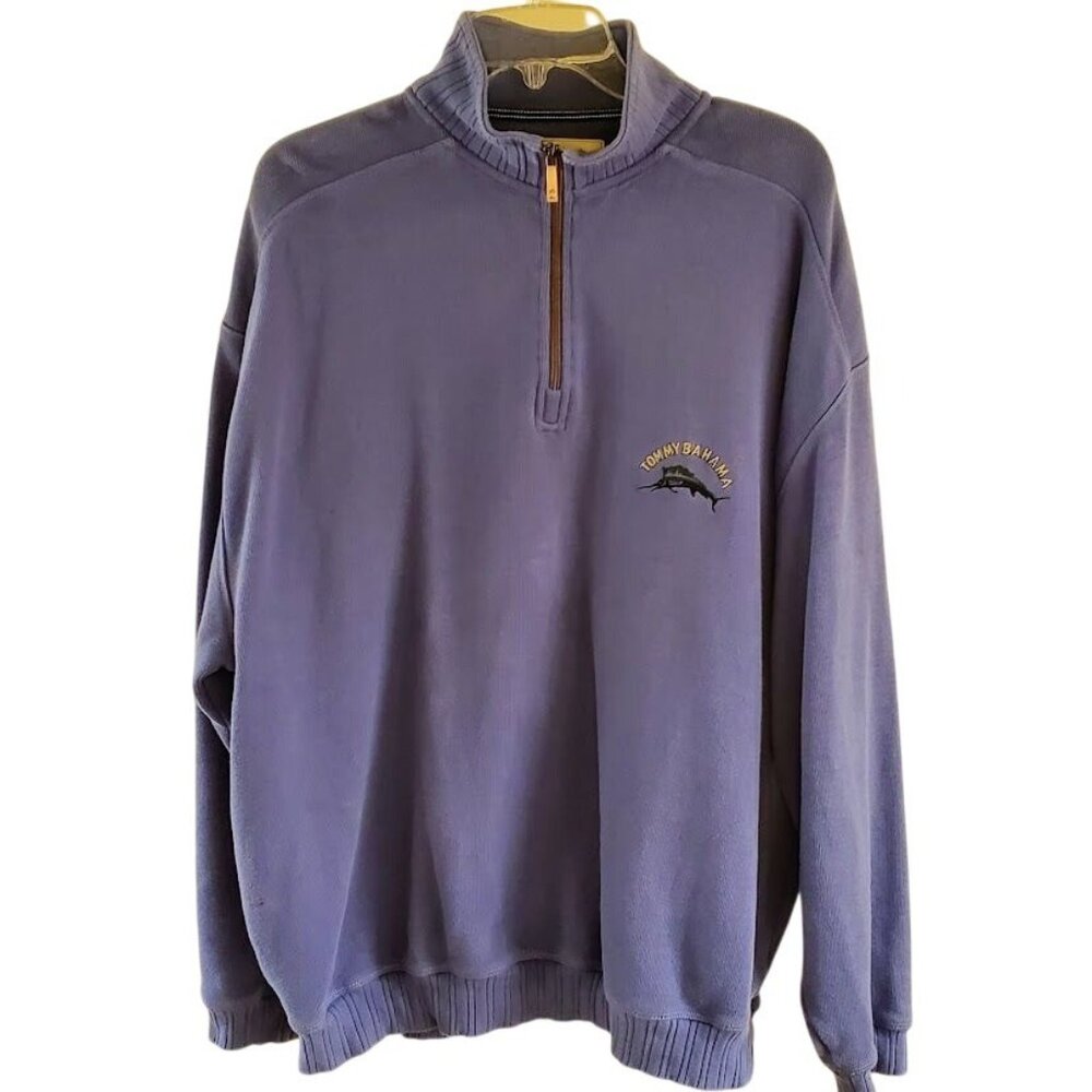 Tommy Bahama Mens XL 1/4 Zip Purple Cotton Pullover Sweater w/ Embroidered Fish